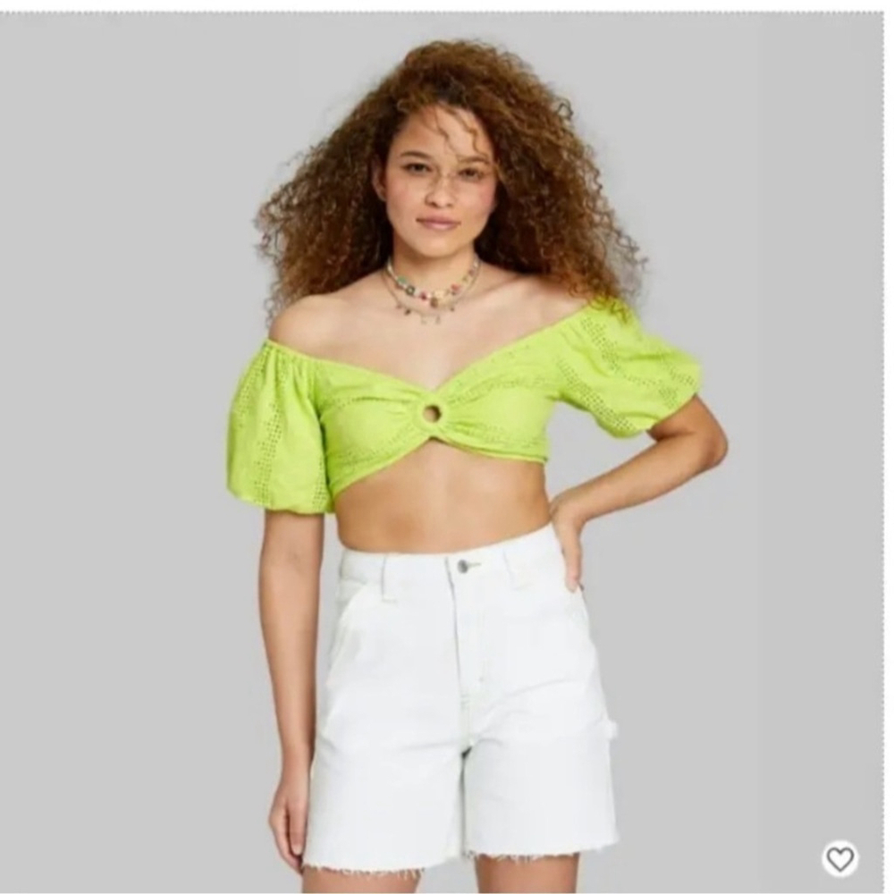 WILD Fable Puff Sleeve Keyhole Lace up Back Lime Green Top